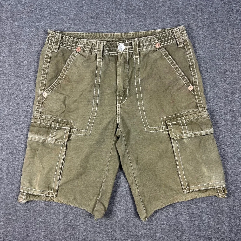 True Religion Isaac Cargo Shorts Mens 36 Green Big T Stitching Utility MAR841EH